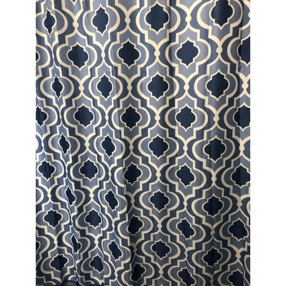 ESSENTIAL HOME BLUE & WHITE FABRIC SHOWER CURTAIN - ARABESQUE PATTERN